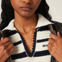 White/blue Cotton Knit Polo Shirt | Miu Miu