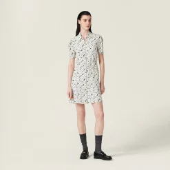 White/blue Crepe De Chine Floral Print Dress | Miu Miu