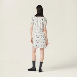 White/blue Crepe De Chine Floral Print Dress | Miu Miu