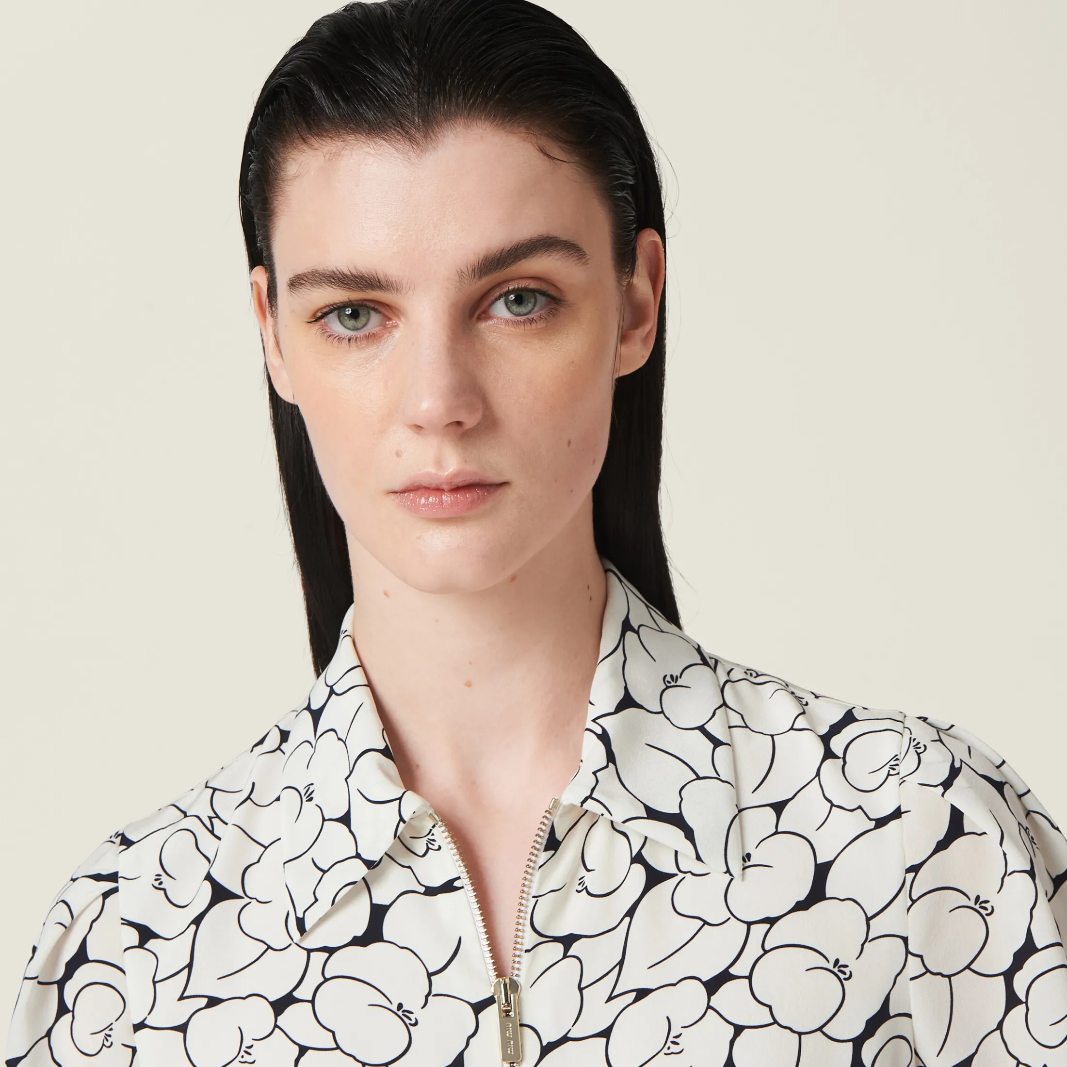 White/blue Crepe De Chine Floral Print Dress | Miu Miu