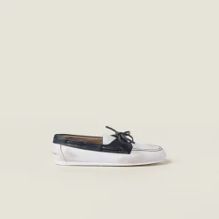 White/blue Unlined Bleached Two-tone Leather Loafers | Miu Miu