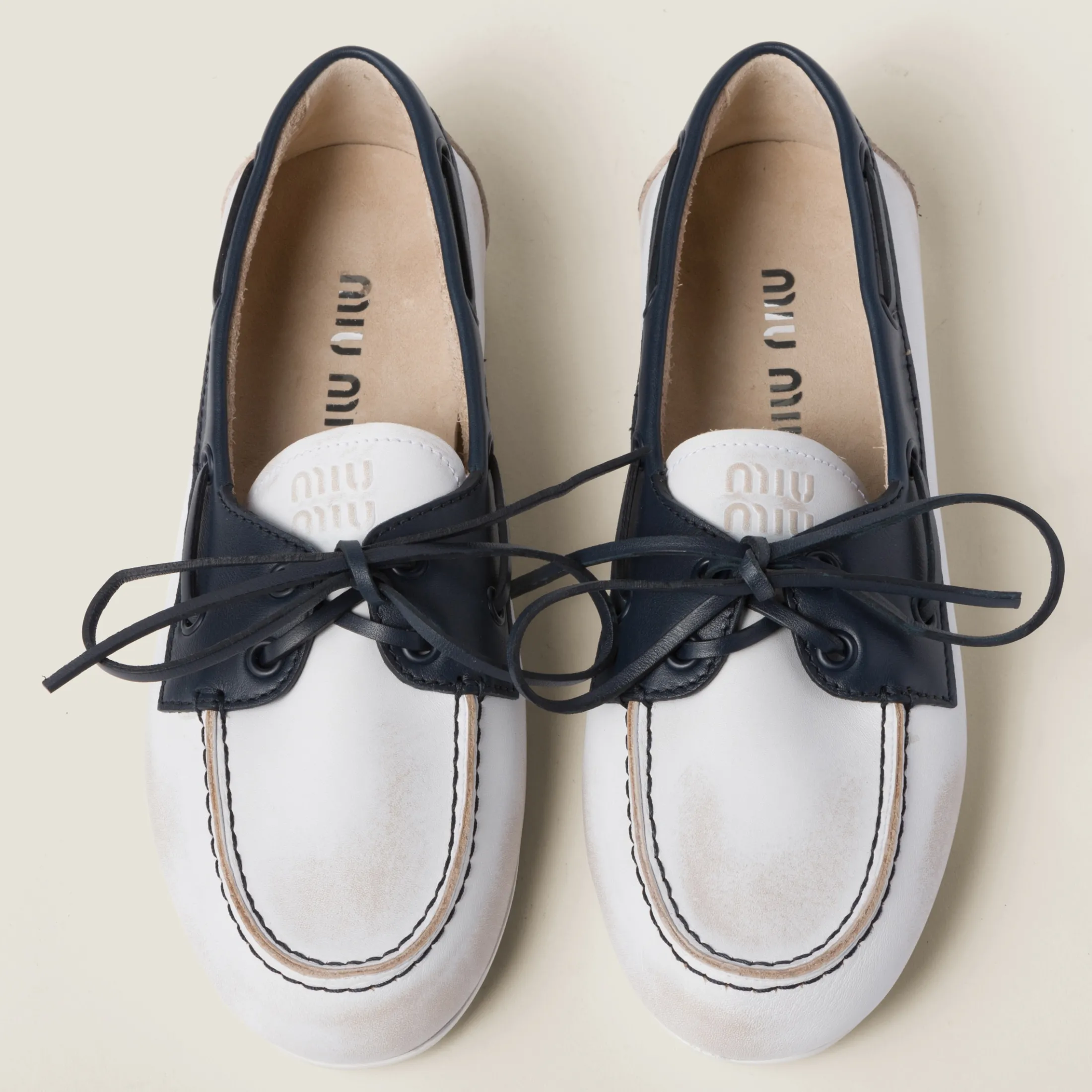White/blue Unlined Bleached Two-tone Leather Loafers | Miu Miu