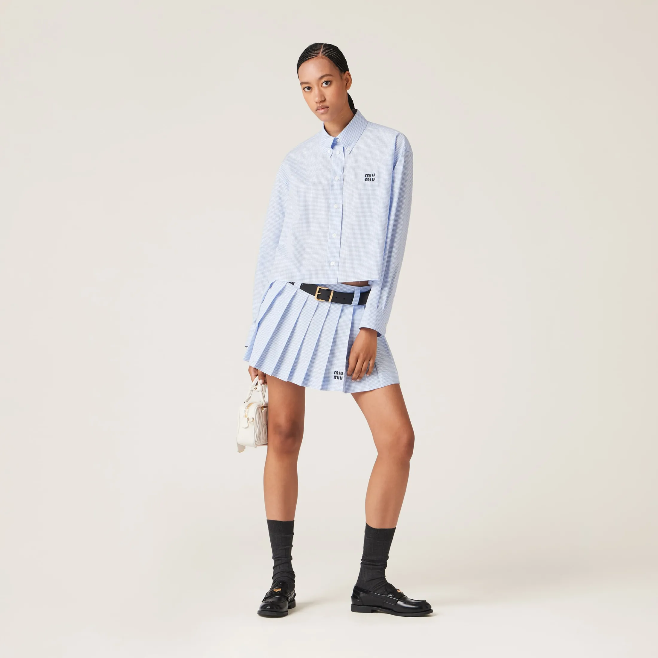 White/light Blue Gingham Check Poplin Shirt | Miu Miu