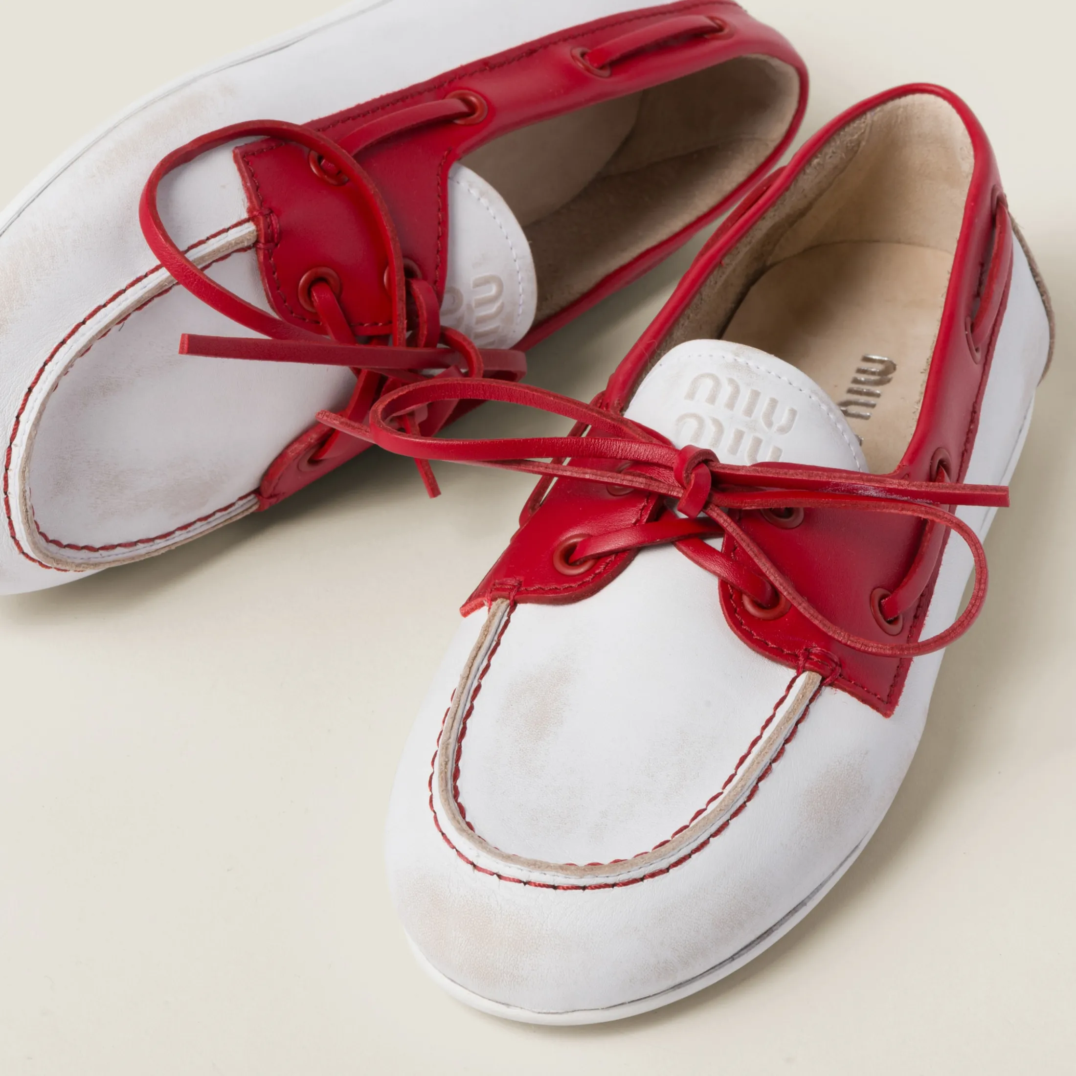 White/red Unlined Bleached Two-tone Leather Loafers | Miu Miu