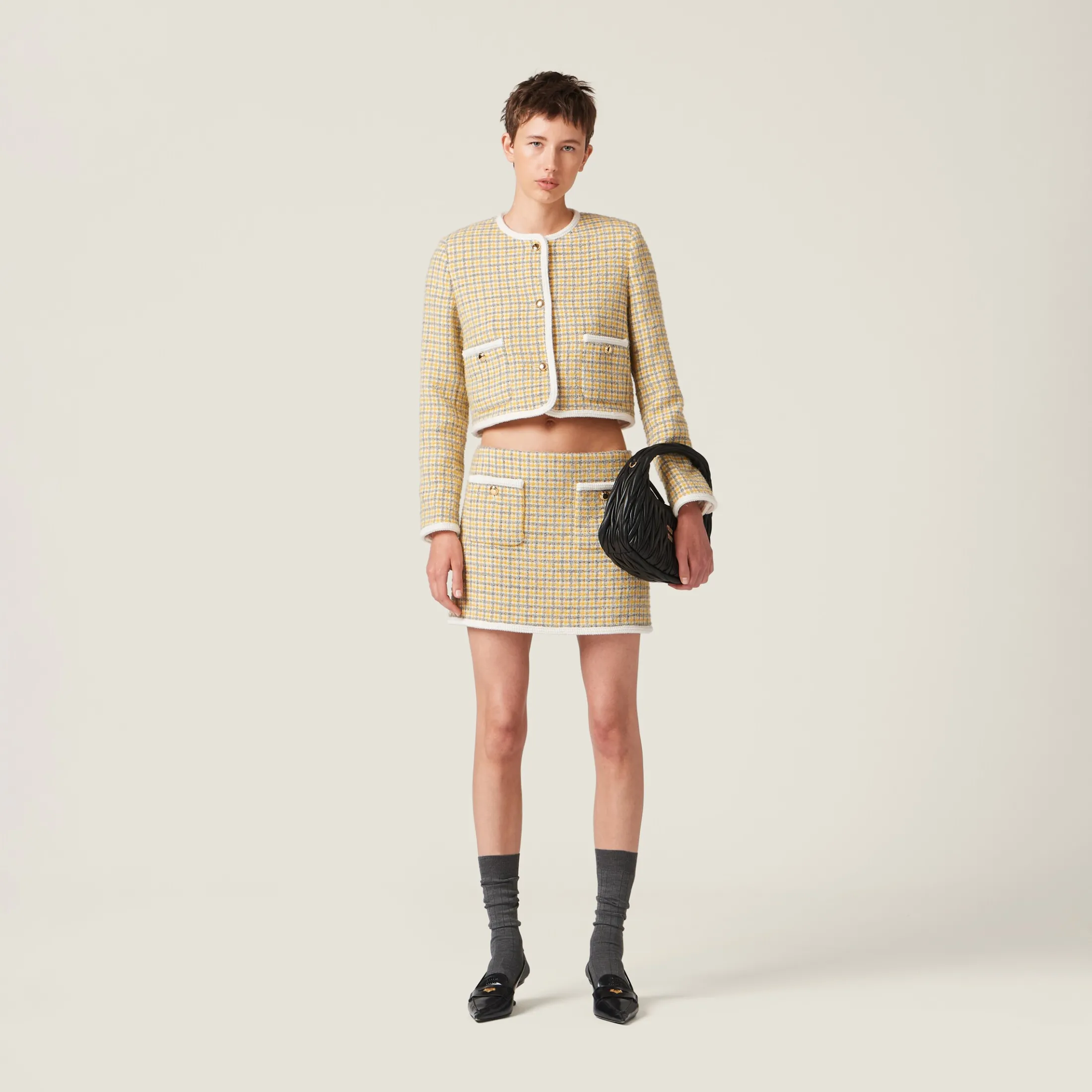 White/yellow Bouclé Miniskirt | Miu Miu