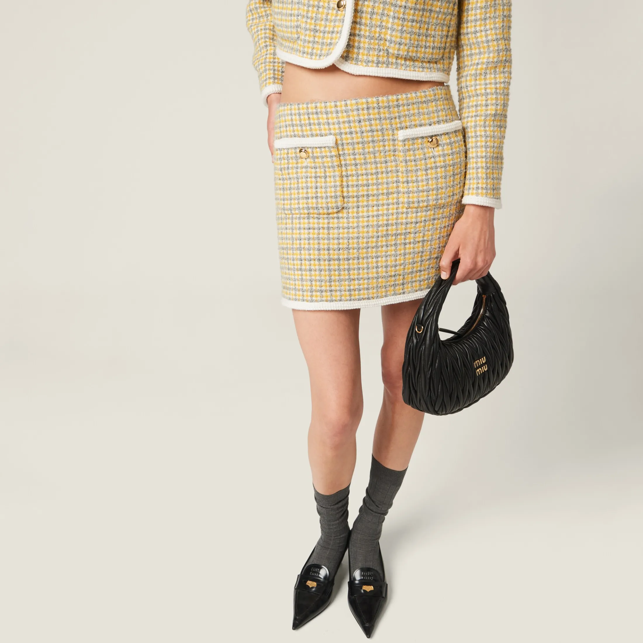 White/yellow Bouclé Miniskirt | Miu Miu
