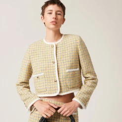 White/yellow Single-breasted Boucle Jacket | Miu Miu