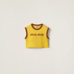 Yellow+tobacco Cotton Jersey Top With Embroidered Logo | Miu Miu
