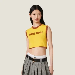 Yellow+tobacco Cotton Jersey Top With Embroidered Logo | Miu Miu